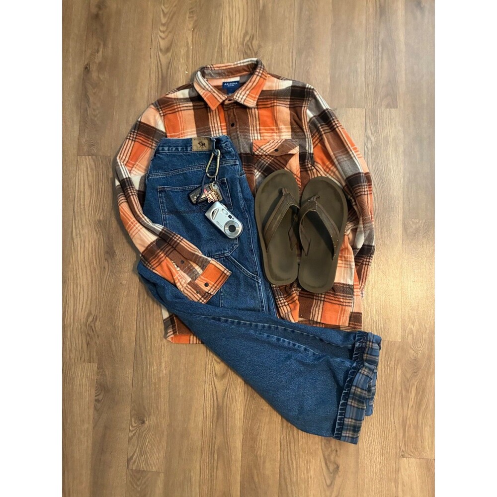 Arizona Jean Co Mens Large Fleece Plaid Shirt Orange Brown Button Down Shacket